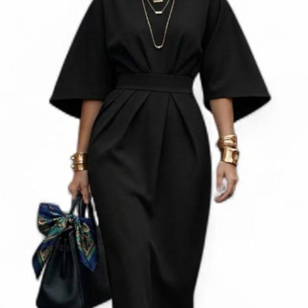 OSHOPLIVE Batwing Sleeve Elasticated Waist Pleated Black Round-Neck Midi Dress